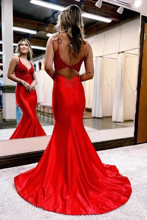 Mermaid Deep V Neck Satin Navy Blue Prom Dress with Appliques PSK557 - Image 5