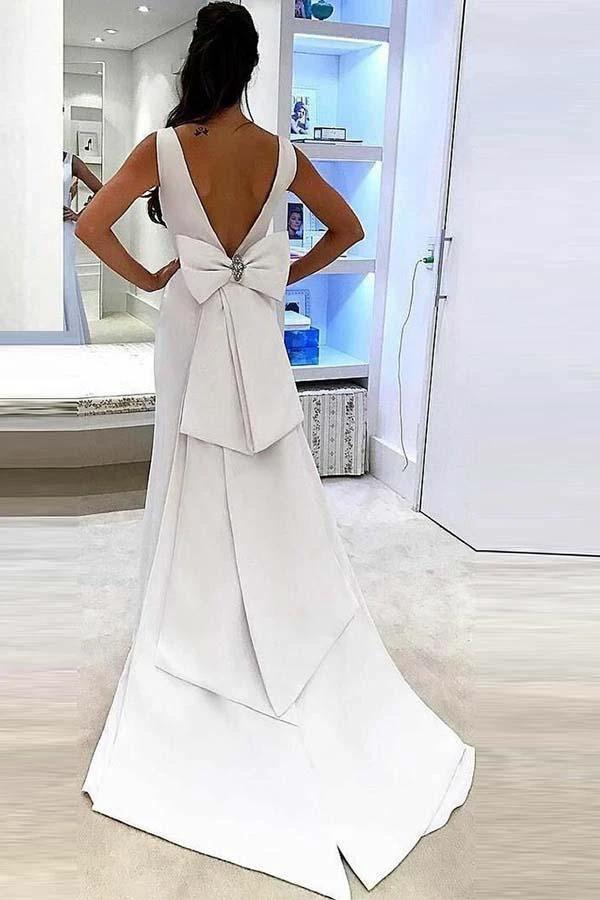 Mermaid Deep V-Neck Sweep Trian White Satin Backless Wedding Dress WD219 - Image 2