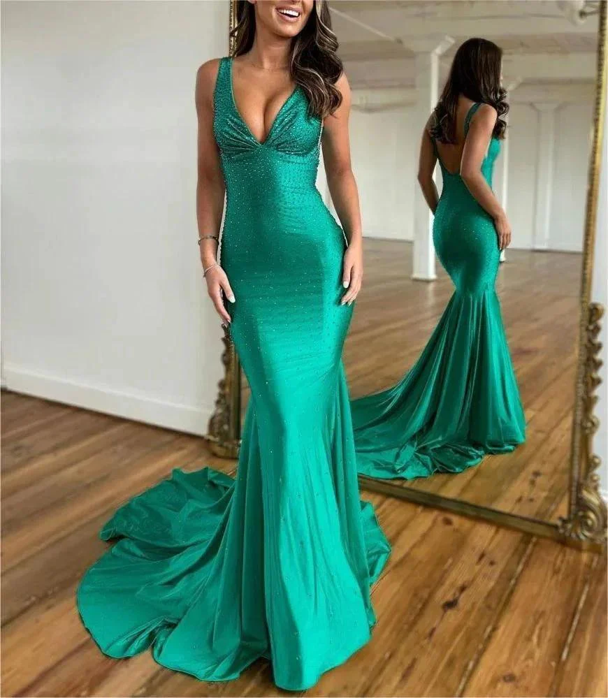 Molly |Mermaid Deep V-Neck Beaded Satin Long Prom Dress - Image 4