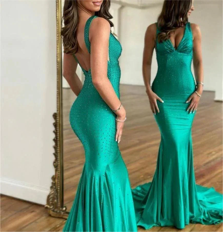 Molly |Mermaid Deep V-Neck Beaded Satin Long Prom Dress - Image 6
