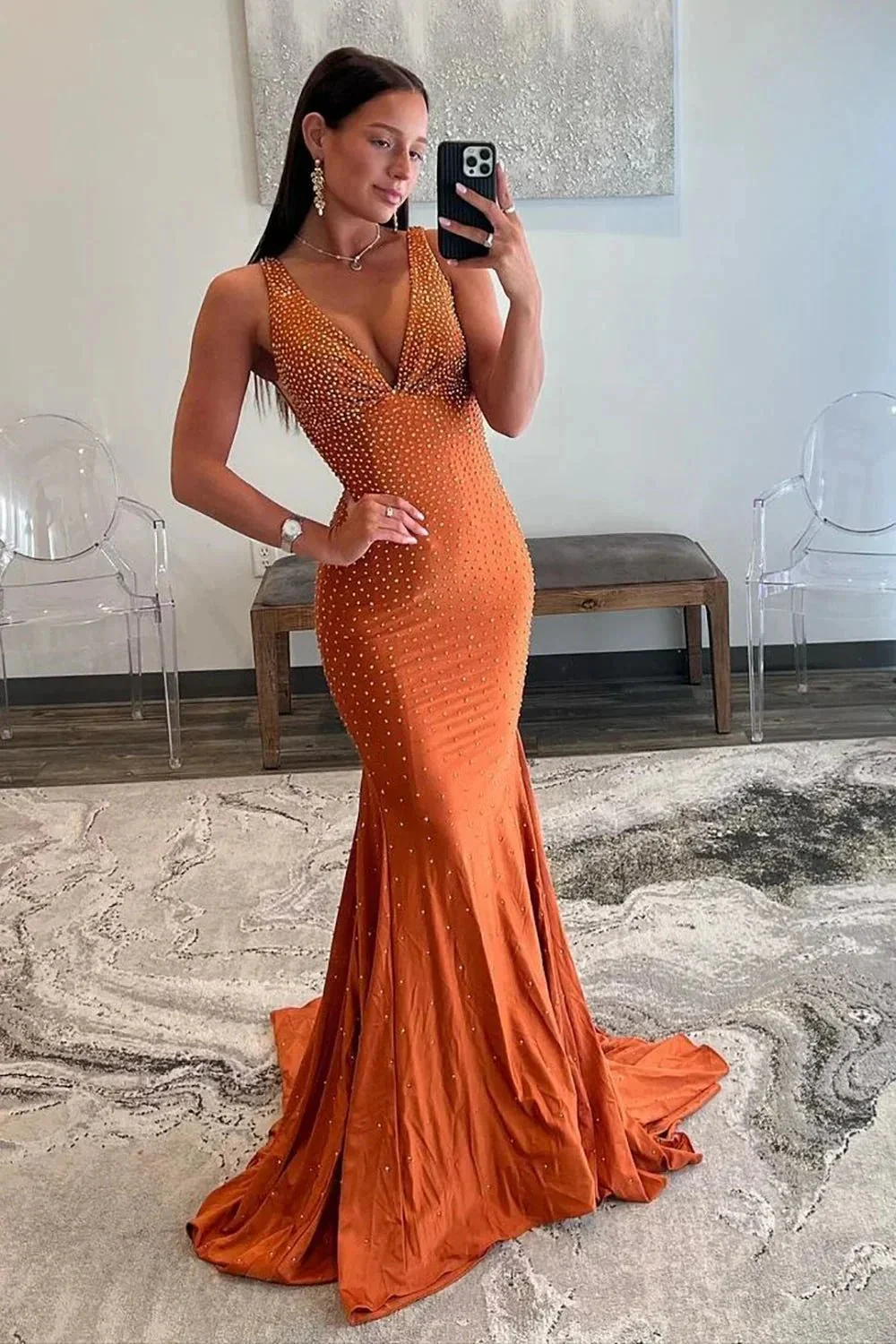 Molly |Mermaid Deep V-Neck Beaded Satin Long Prom Dress - Image 8