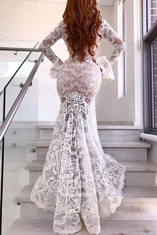 Mermaid Deep V Wedding Dress With Long Sleeve Sexy Lace Wedding Dress WD491 - Image 2