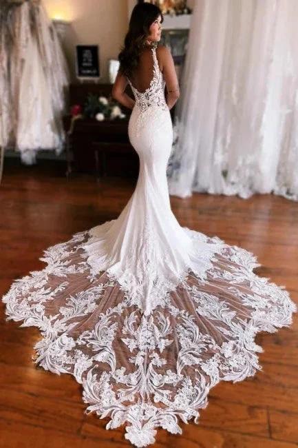 Mermaid Fabulous Floor-Length Stain V-Neck Sleeveless Lace Wedding Dresses with Appliques - Image 2