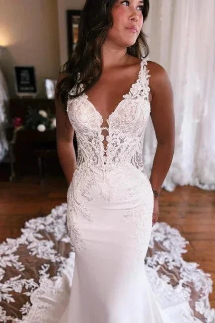 Mermaid Fabulous Floor-Length Stain V-Neck Sleeveless Lace Wedding Dresses with Appliques - Image 3