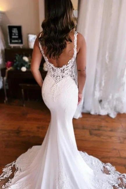 Mermaid Fabulous Floor-Length Stain V-Neck Sleeveless Lace Wedding Dresses with Appliques - Image 4
