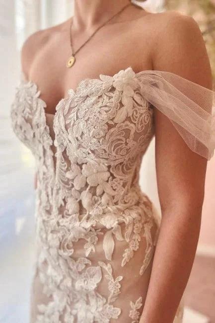 Mermaid Fabulous Tulle Sweetheart Off-The-Shoulder Floor-Length Wedding Dresses with Appliques - Image 2
