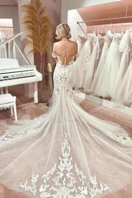 Mermaid Fabulous Tulle Sweetheart Off-The-Shoulder Floor-Length Wedding Dresses with Appliques - Image 3