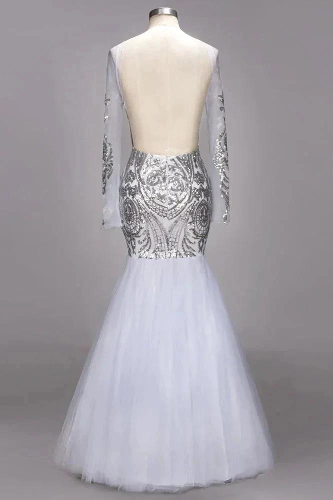 Mermaid Floor Length Long Sleeves Sequined Patterns Plus Size Tulle Prom Dresses - Image 2