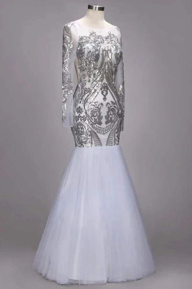 Mermaid Floor Length Long Sleeves Sequined Patterns Plus Size Tulle Prom Dresses - Image 3