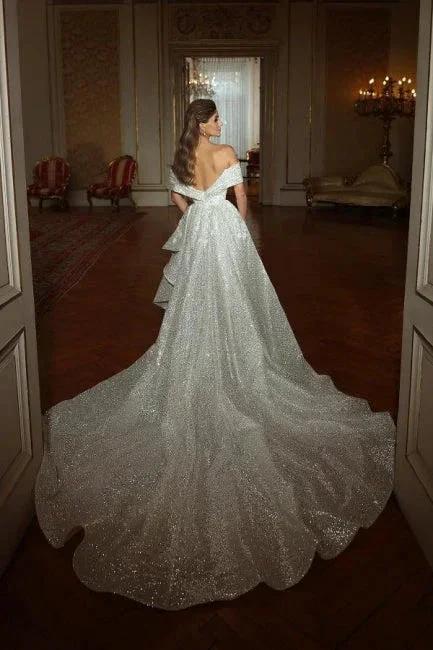 Mermaid Floor-Length Off-The-Shoulder V-Neck Sleeveless A-Line Sequins Wedding Dresses with Ruffles - Image 2