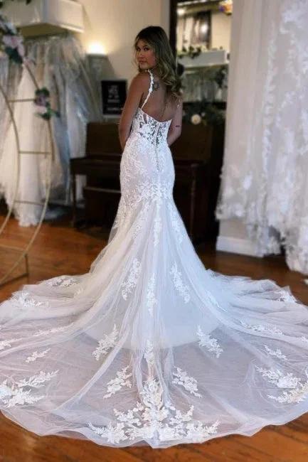 Mermaid Floor-Length Spaghetti Straps Sweetheart Tulle Wedding Dresses with Appliques - Image 3