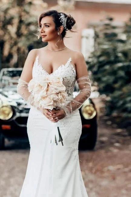 Mermaid Floor-Length Sweetheart Appliques Stain Spaghetti Straps Sleeveless Wedding Dresses with Lace - Image 2