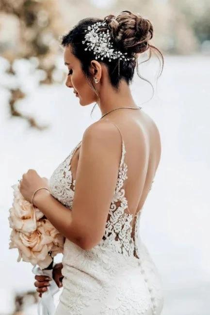 Mermaid Floor-Length Sweetheart Appliques Stain Spaghetti Straps Sleeveless Wedding Dresses with Lace - Image 4