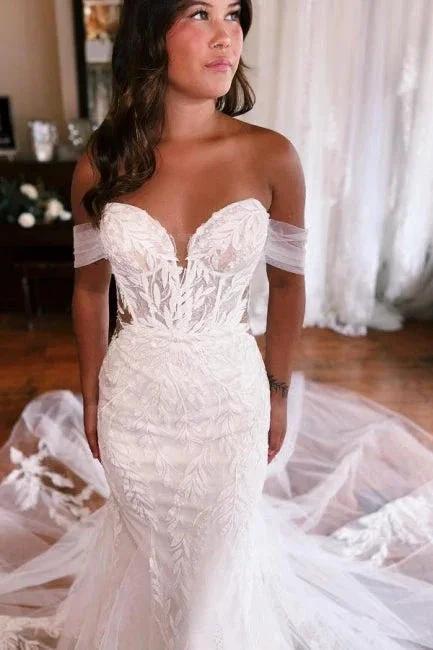 Mermaid Floor-Length Sweetheart Strapless Off-The-Shoulder Wedding Dresses with Appliques - Image 2