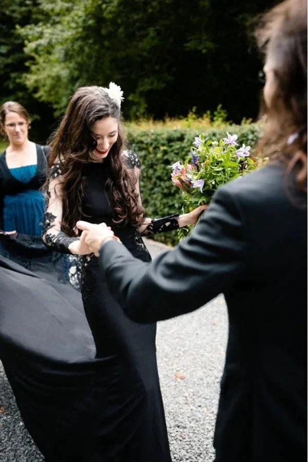 Mermaid Floral Black Wedding Dress Long Sleeve Wedding Gown WD742 - Image 3