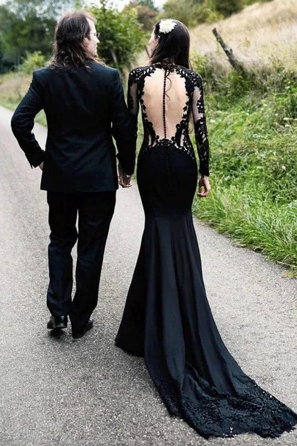 Mermaid Floral Black Wedding Dress Long Sleeve Wedding Gown WD742 - Image 4