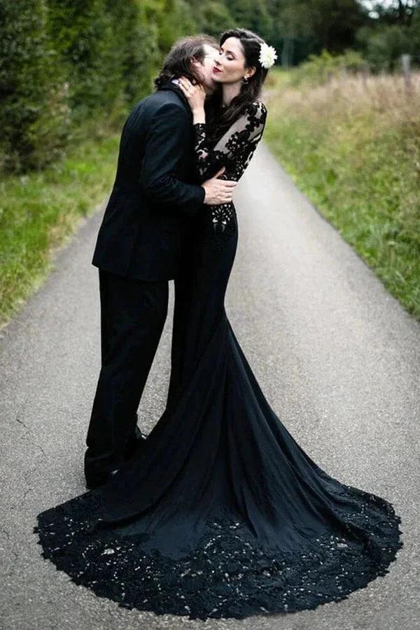 Mermaid Floral Black Wedding Dress Long Sleeve Wedding Gown WD742 - Image 5