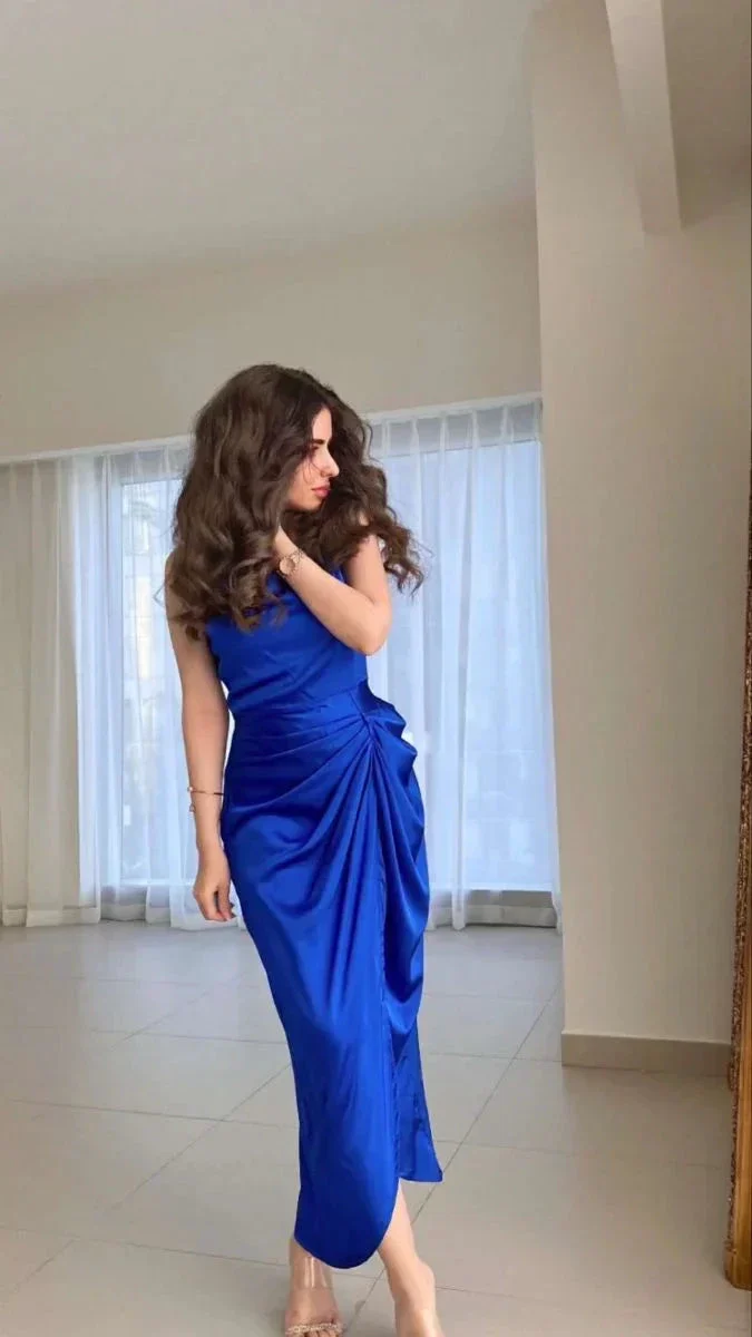 Mermaid Formal Evening Dress Women Tea Length Prom Party Gown Blue Pleated Wedding Party Gowns Y4896 - Image 2