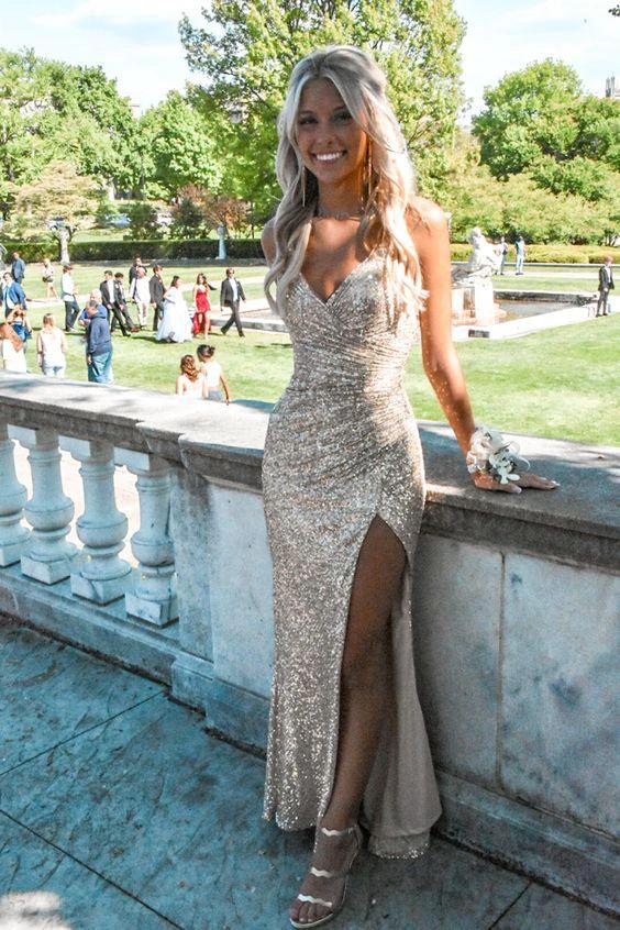 Mermaid Gold Sequins Long Prom Dress with Split,Charming Evening Dress Y1655 - Image 2