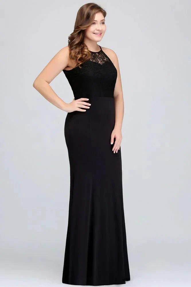 Mermaid Halter Floor Length Plus size Black Evening Dresses with Lace - Image 2