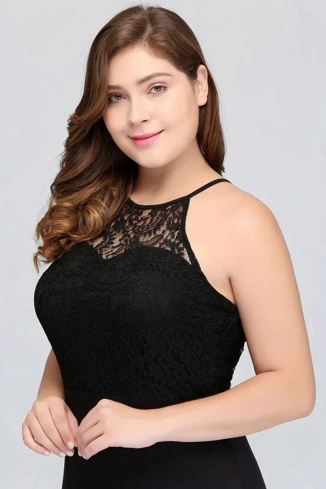 Mermaid Halter Floor Length Plus size Black Evening Dresses with Lace - Image 3