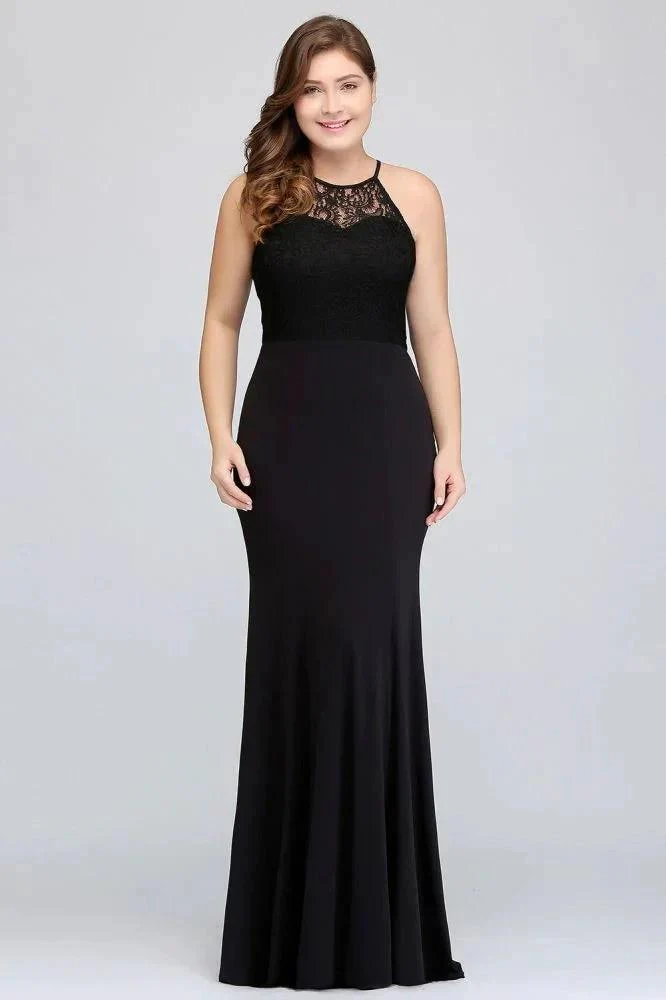 Mermaid Halter Floor Length Plus size Black Evening Dresses with Lace - Image 4