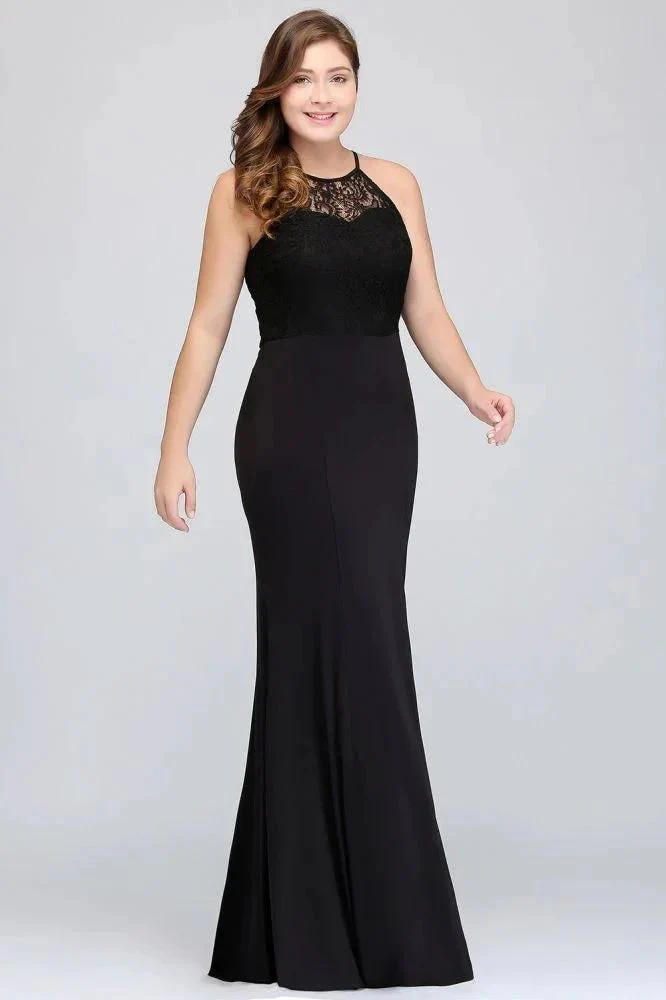 Mermaid Halter Floor Length Plus size Black Evening Dresses with Lace - Image 5