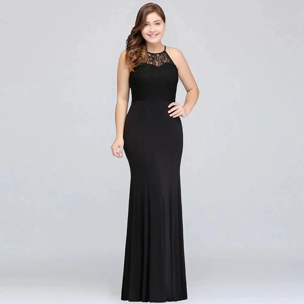 Mermaid Halter Floor Length Plus size Black Evening Dresses with Lace - Image 6