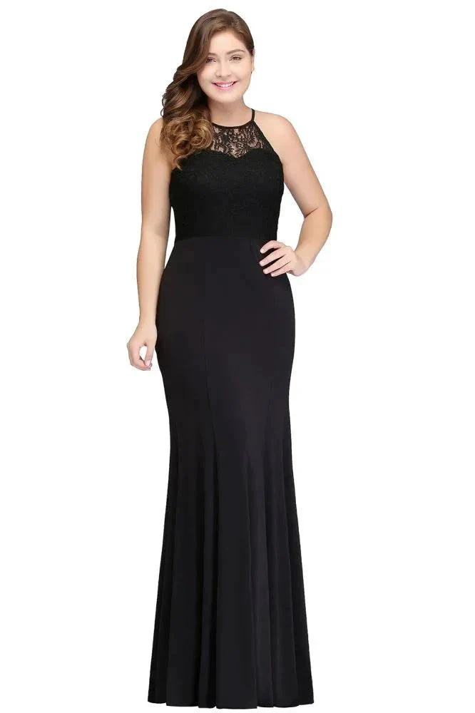 Mermaid Halter Floor Length Plus size Black Evening Dresses with Lace - Image 7