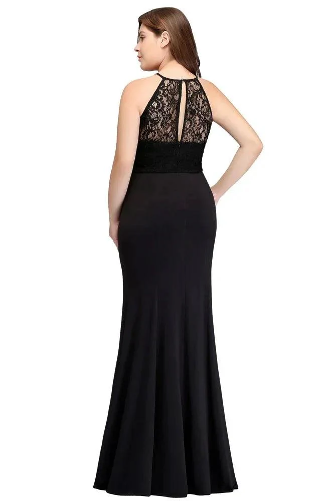 Mermaid Halter Floor Length Plus size Black Evening Dresses with Lace - Image 8