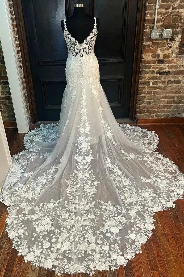 Mermaid Ivory Floral Lace V-Neck  Long Wedding Dress Bridal Gown WD626 - Image 2