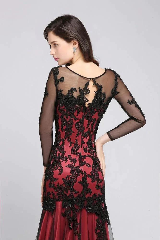 Mermaid Jewel Neck Long Tulle Red Sexy Evening Dresses with Beading - Image 2