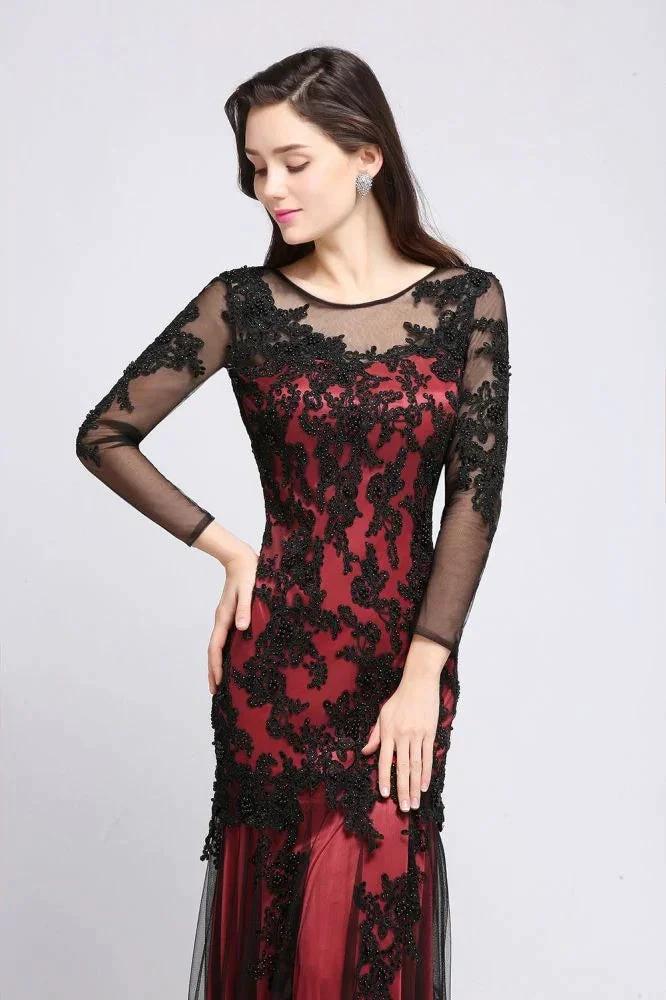 Mermaid Jewel Neck Long Tulle Red Sexy Evening Dresses with Beading - Image 3