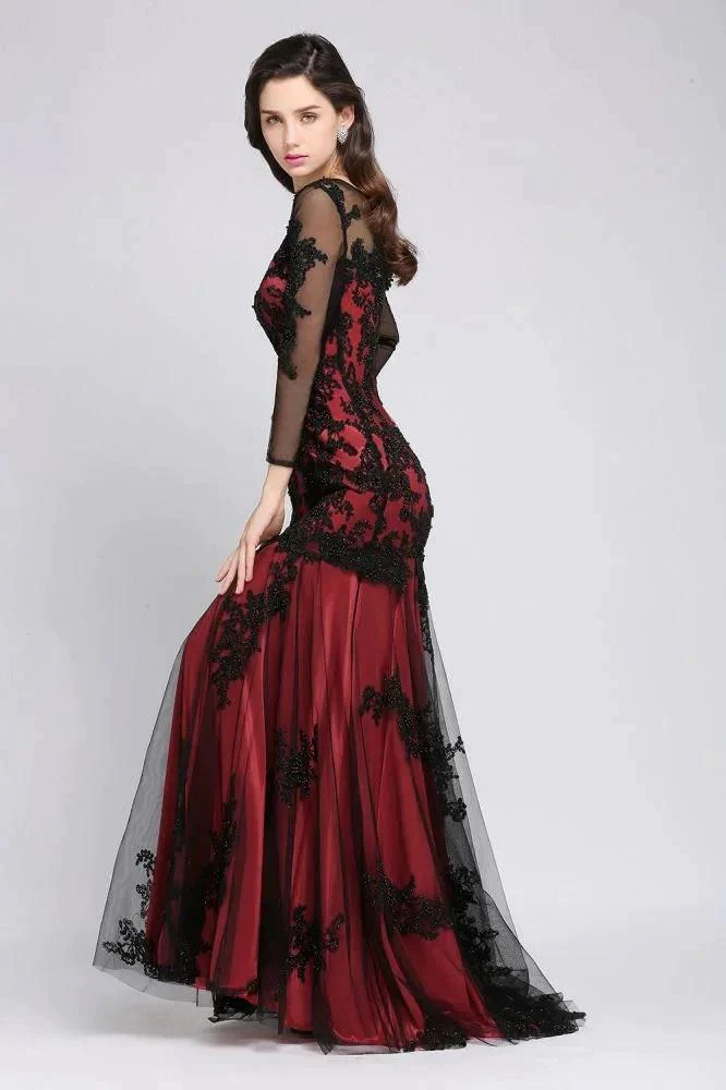 Mermaid Jewel Neck Long Tulle Red Sexy Evening Dresses with Beading - Image 4