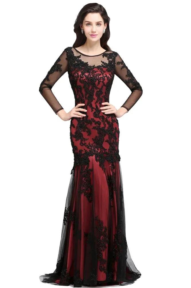 Mermaid Jewel Neck Long Tulle Red Sexy Evening Dresses with Beading - Image 5