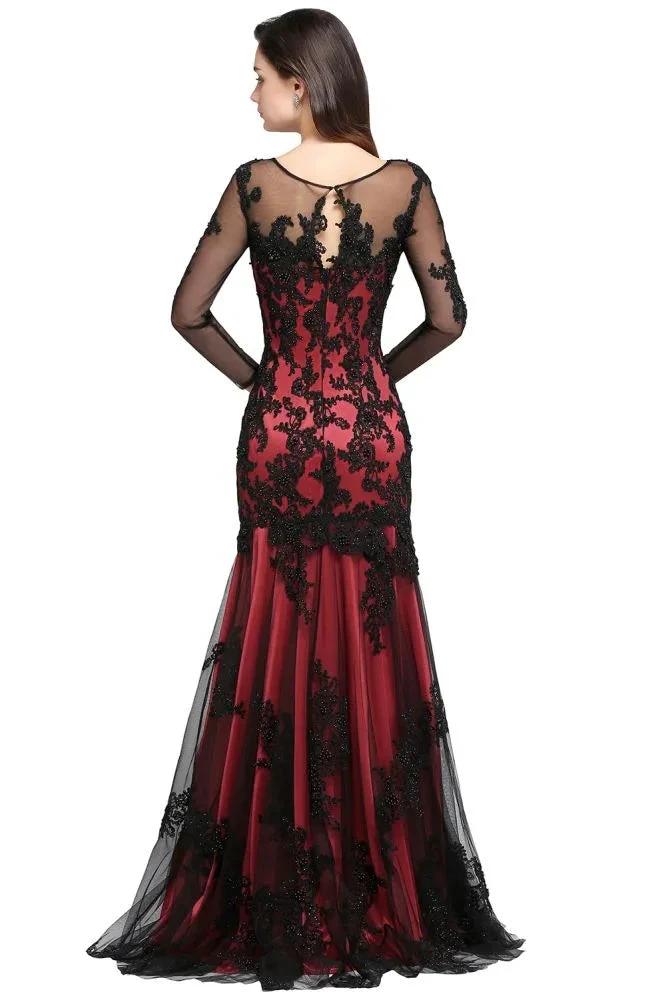 Mermaid Jewel Neck Long Tulle Red Sexy Evening Dresses with Beading - Image 6