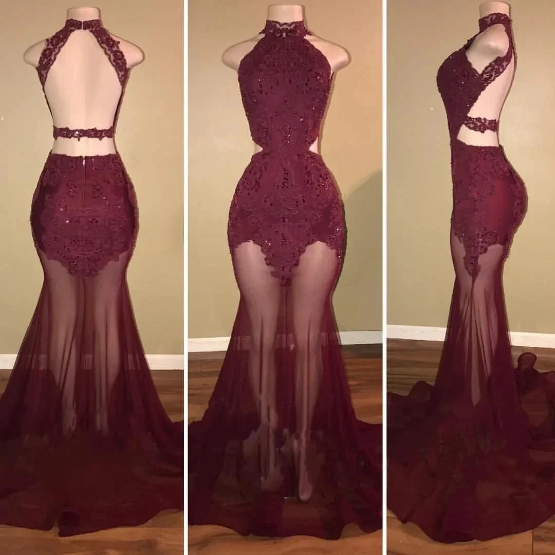 Mermaid Lace Appliques Sheer-Tulle Burgundy High Neck Long Prom Dresses - Image 2
