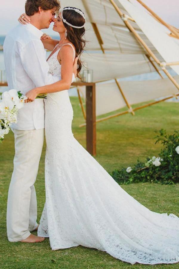 Mermaid Lace V-neck Court Train Beach Wedding Dress WD107 - Image 3