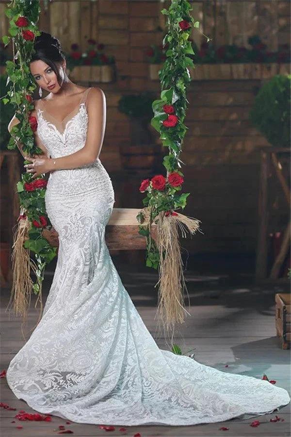 Beautiful V-Neck Mermaid Wedding Dress Long Stunning Lace Ope Back Tulle Straps Bridal Wears - Image 3