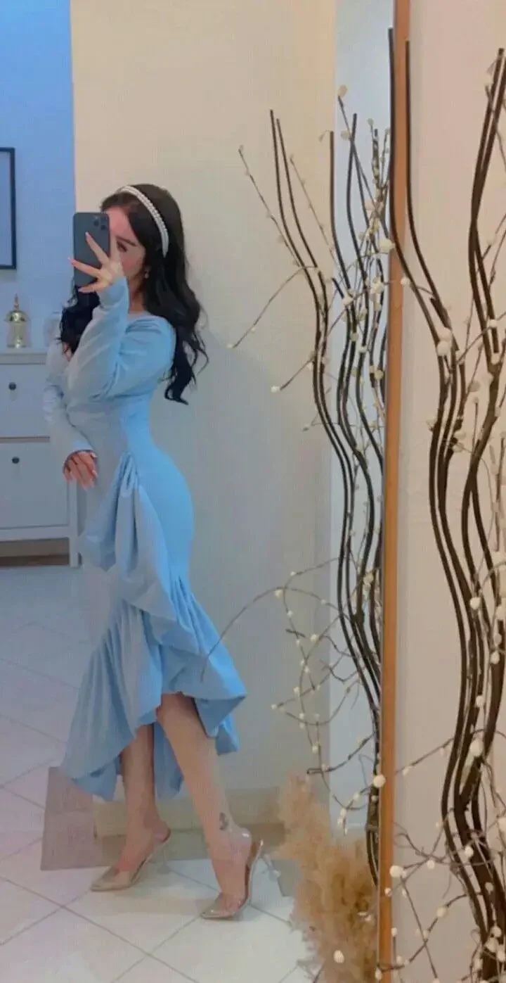 Mermaid Light Blue Women's Prom Dresses V Neck Long Sleeves Formal Occasion Dress Temperament Evening Dress Y4764 - Image 4