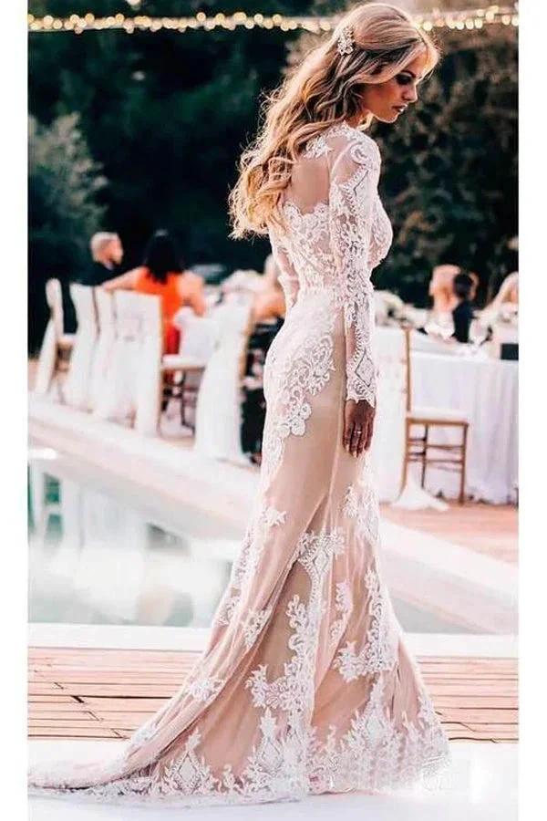 Mermaid Long Sleeve Lace Boho Wedding Dresses Rustic Bridal Gown WD504 - Image 2