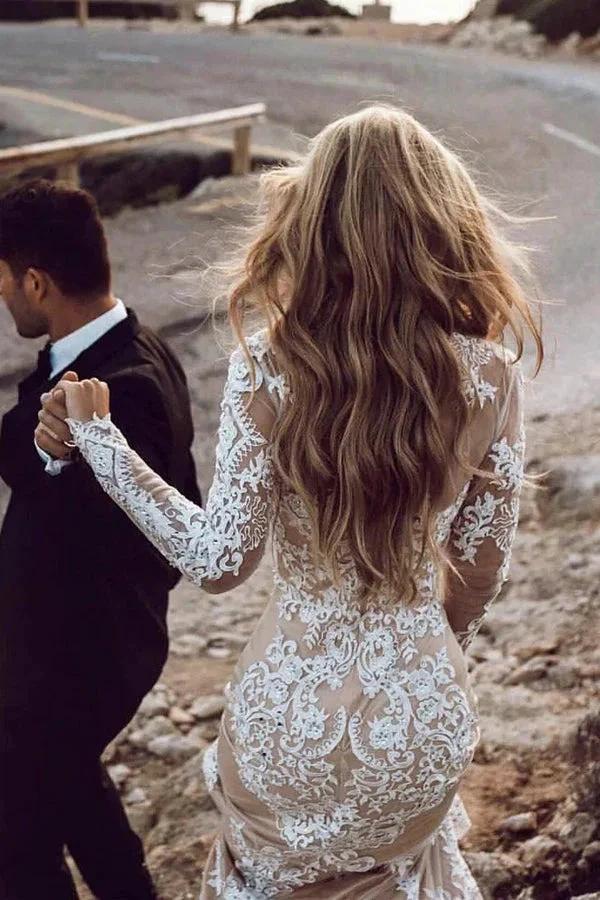 Mermaid Long Sleeve Lace Boho Wedding Dresses Rustic Bridal Gown WD504 - Image 4