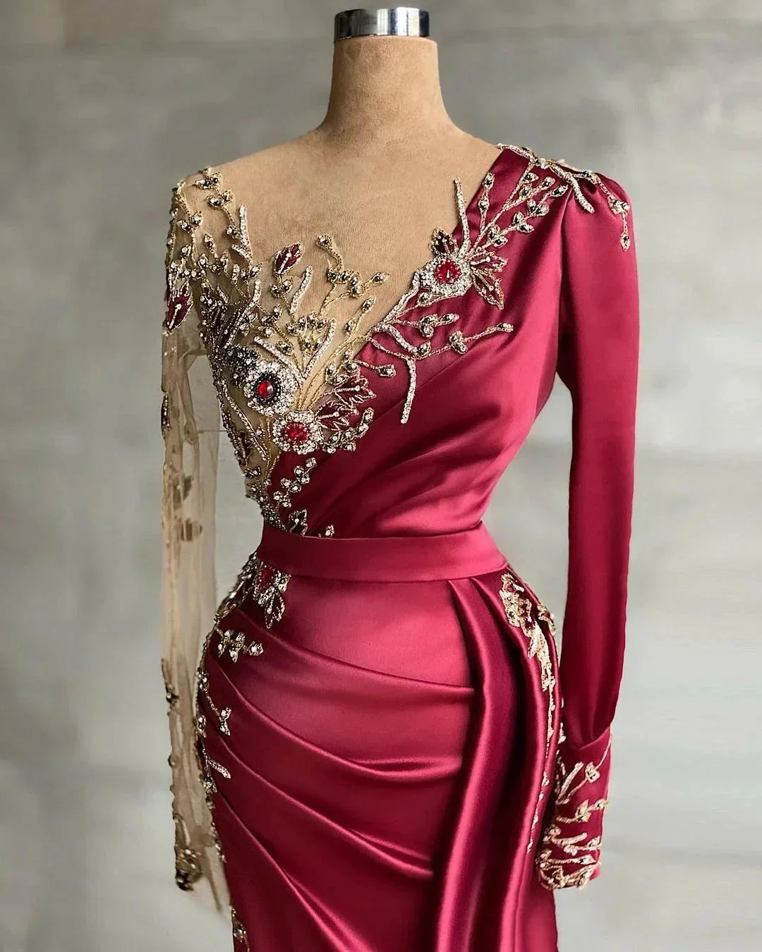 Mermaid Long V-neck Satin Burgundy Prom Dress with Sleeves - Image 2