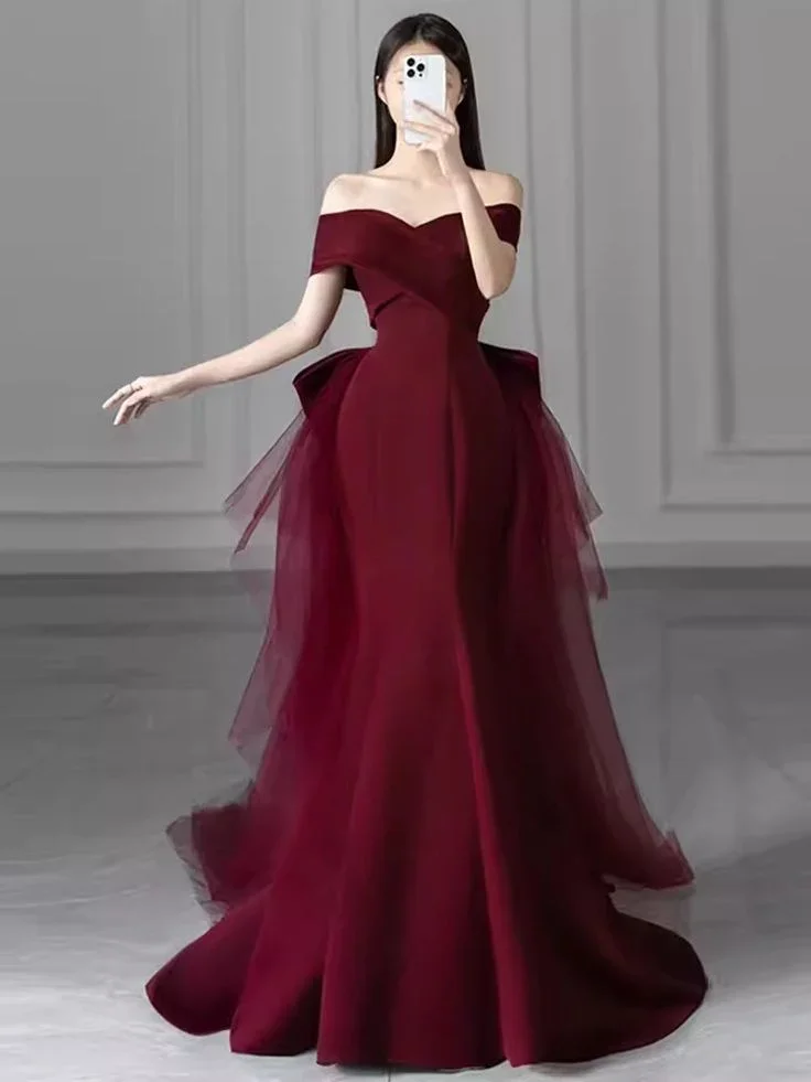 Mermaid Off Shoulder Evening Dress with Bow Burgundy Prom Dress Y7181 - Image 2