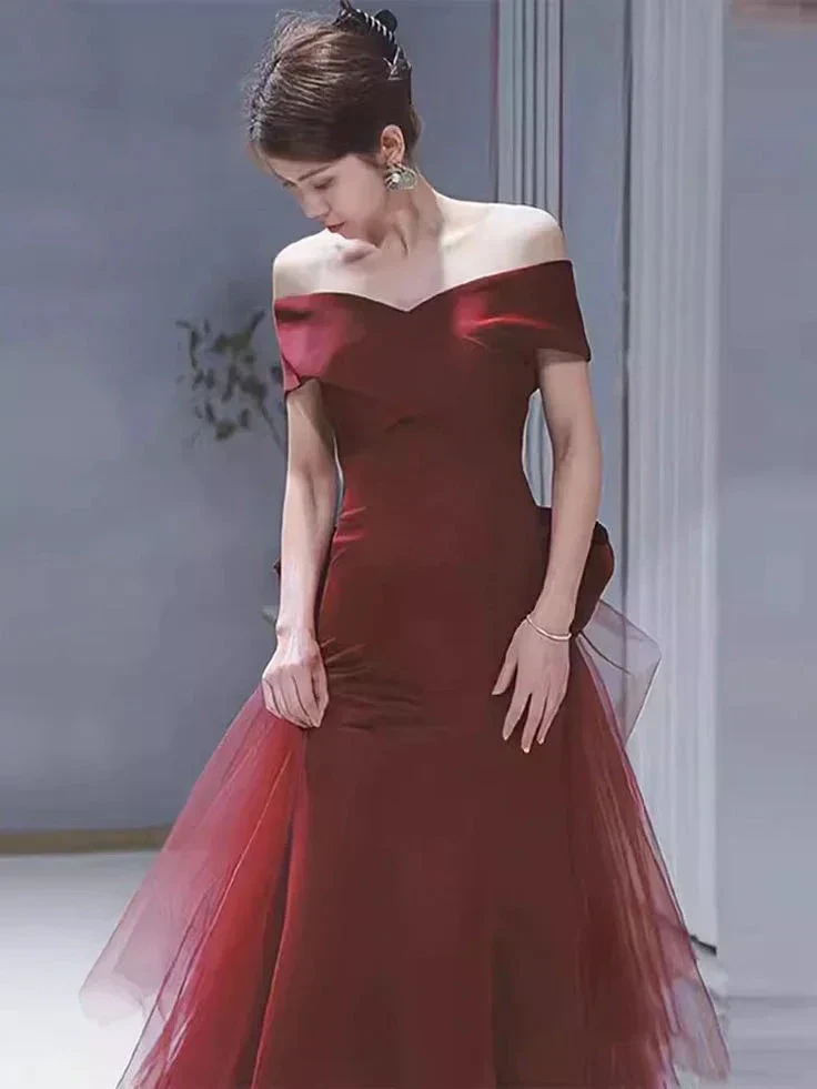 Mermaid Off Shoulder Evening Dress with Bow Burgundy Prom Dress Y7181 - Image 3