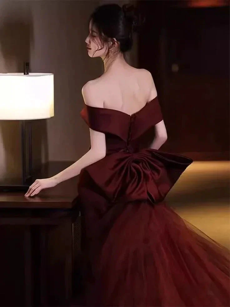 Mermaid Off Shoulder Evening Dress with Bow Burgundy Prom Dress Y7181 - Image 4