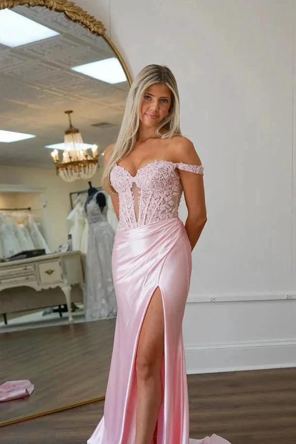 Mermaid Off Shoulder Pink Prom Dress With Appliques  PSK575 - Image 3