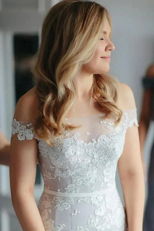 Mermaid Off-the-Shoulder Court Train Tulle Wedding Dress with Appliques WD097 - Image 2