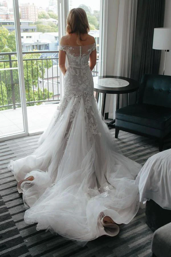 Mermaid Off-the-Shoulder Court Train Tulle Wedding Dress with Appliques WD097 - Image 3