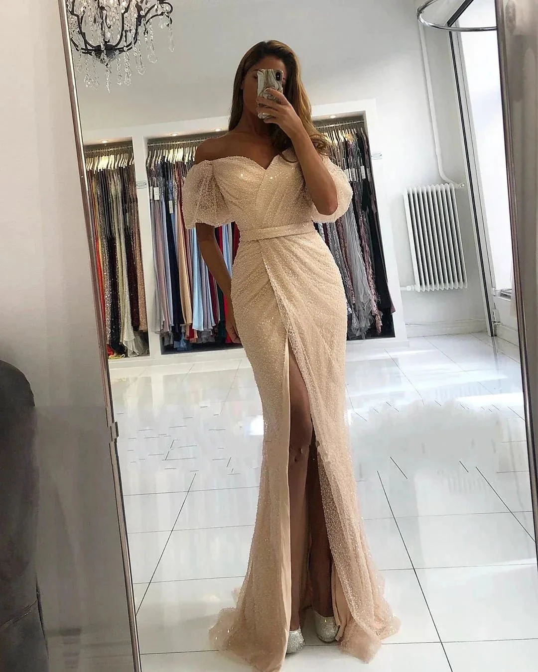 Mermaid Off-the-Shoulder Front Slit Long Sequins Prom Dress With Sleeves - Image 2